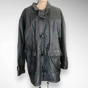 WILSON'S LEATHER Unisex Black Leather Trench Coat With Drawstring Waist |‎ EUC